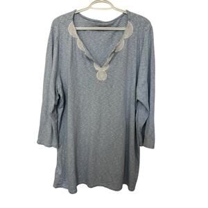 Talbots Blue Striped Beaded Tunic Size 2X 3/4 Sleeve Nautical Beachy Vacation